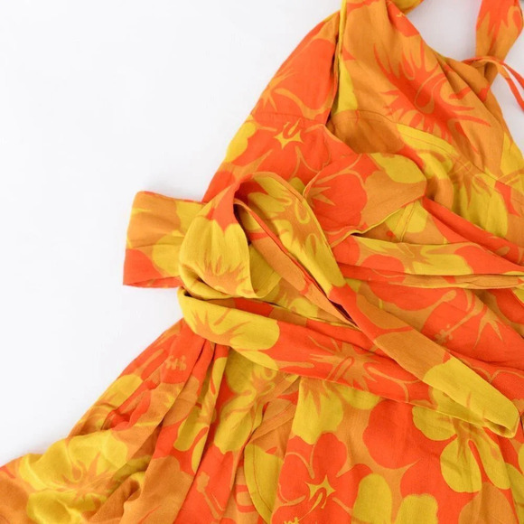 Faithfull The Brand Odette Mini  Dress Surfs Up Orange & Yellow Floral Print S - Picture 6 of 9